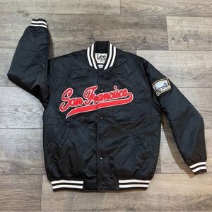 Vintage Lee Sport Black San Francisco Bomber Satin Nylon Snap Jacket Mens Medium